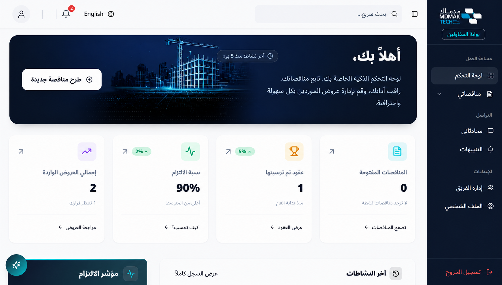 لوحة تحكم المقاول — مدماك تيك
