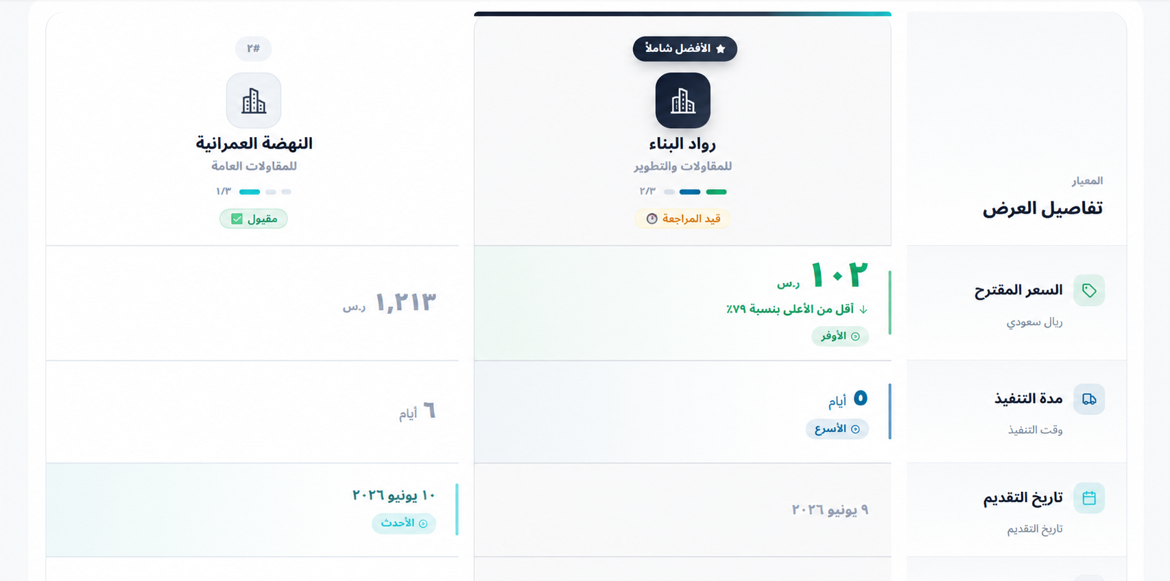 مقارنة عروض الأسعار داخل منصة مدماك تيك